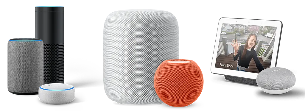 Voice Assistants Amazon Alexa, Apple Homepod, and Google Home