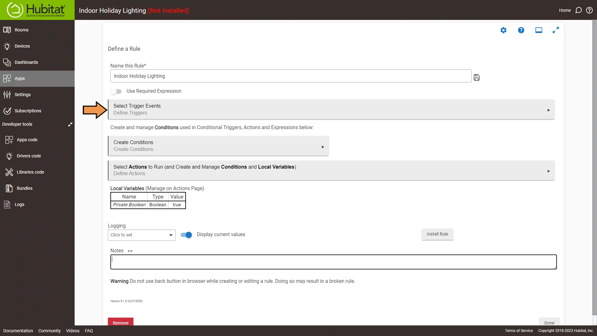 Hubitat New Rule Menu