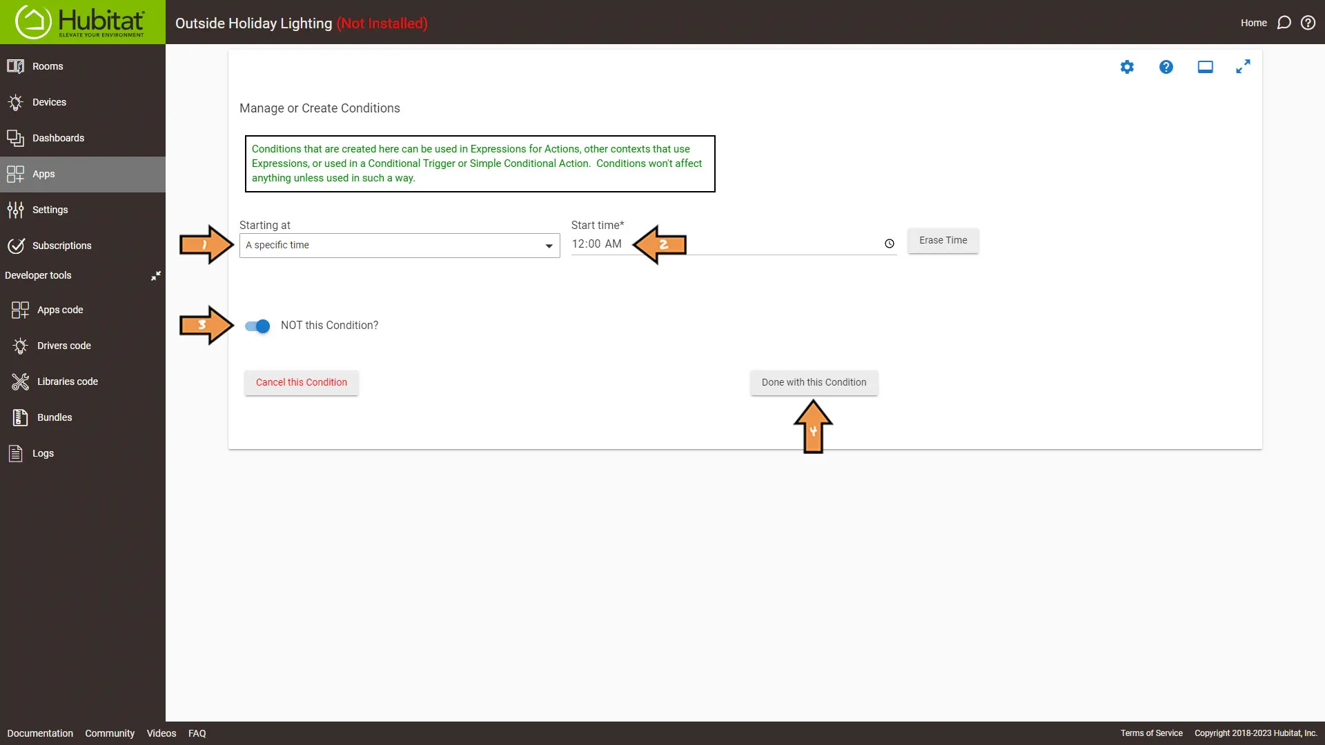 Hubitat Manage or Create Conditions Screen