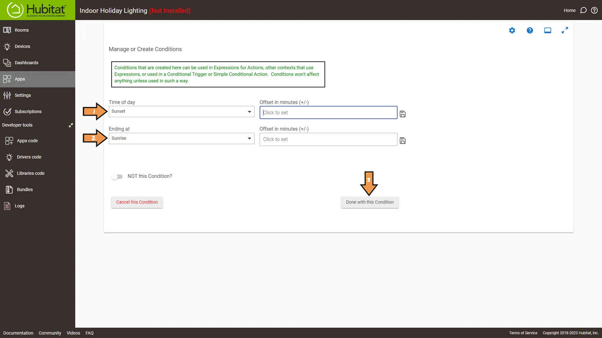 Hubitat Manage or Create Conditions Screen