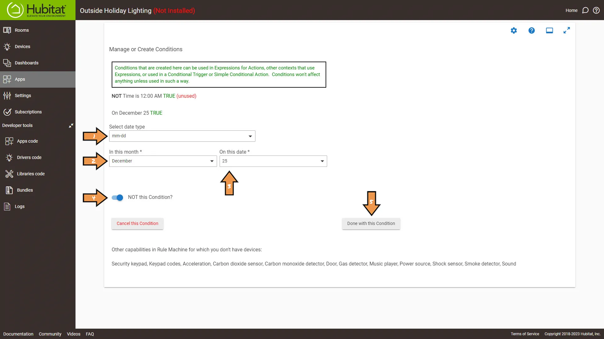 Hubitat Manage or Create Conditions Screen