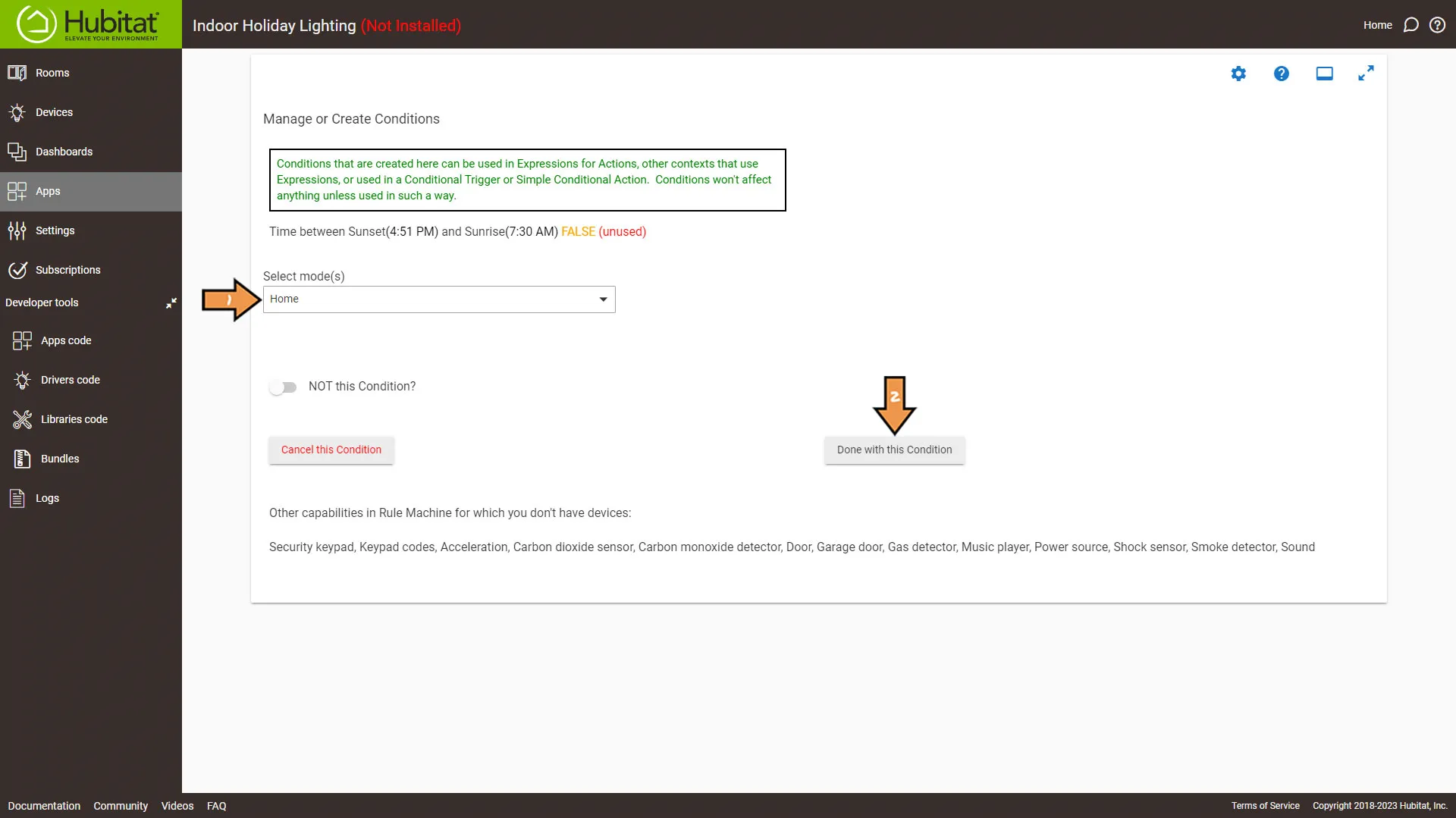 Hubitat Manage or Create Conditions Screen