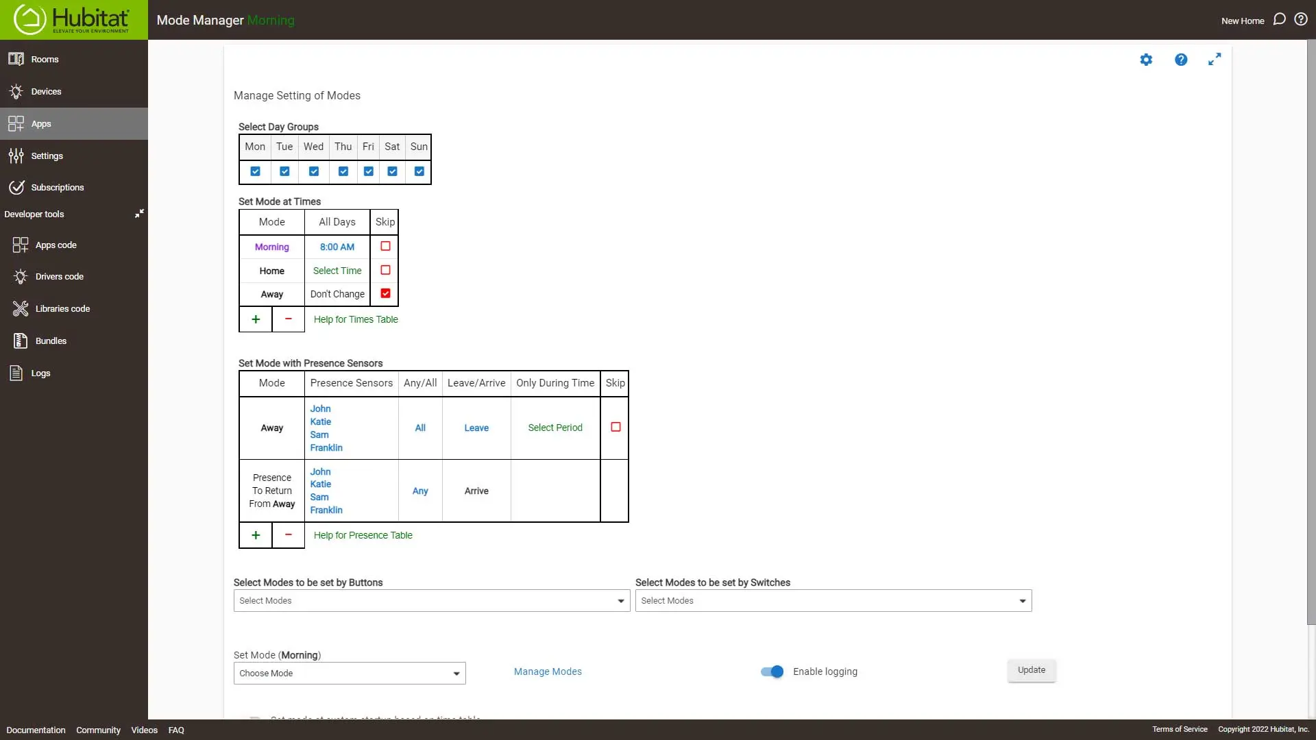 Hub Modes Finished Modes Hubitat