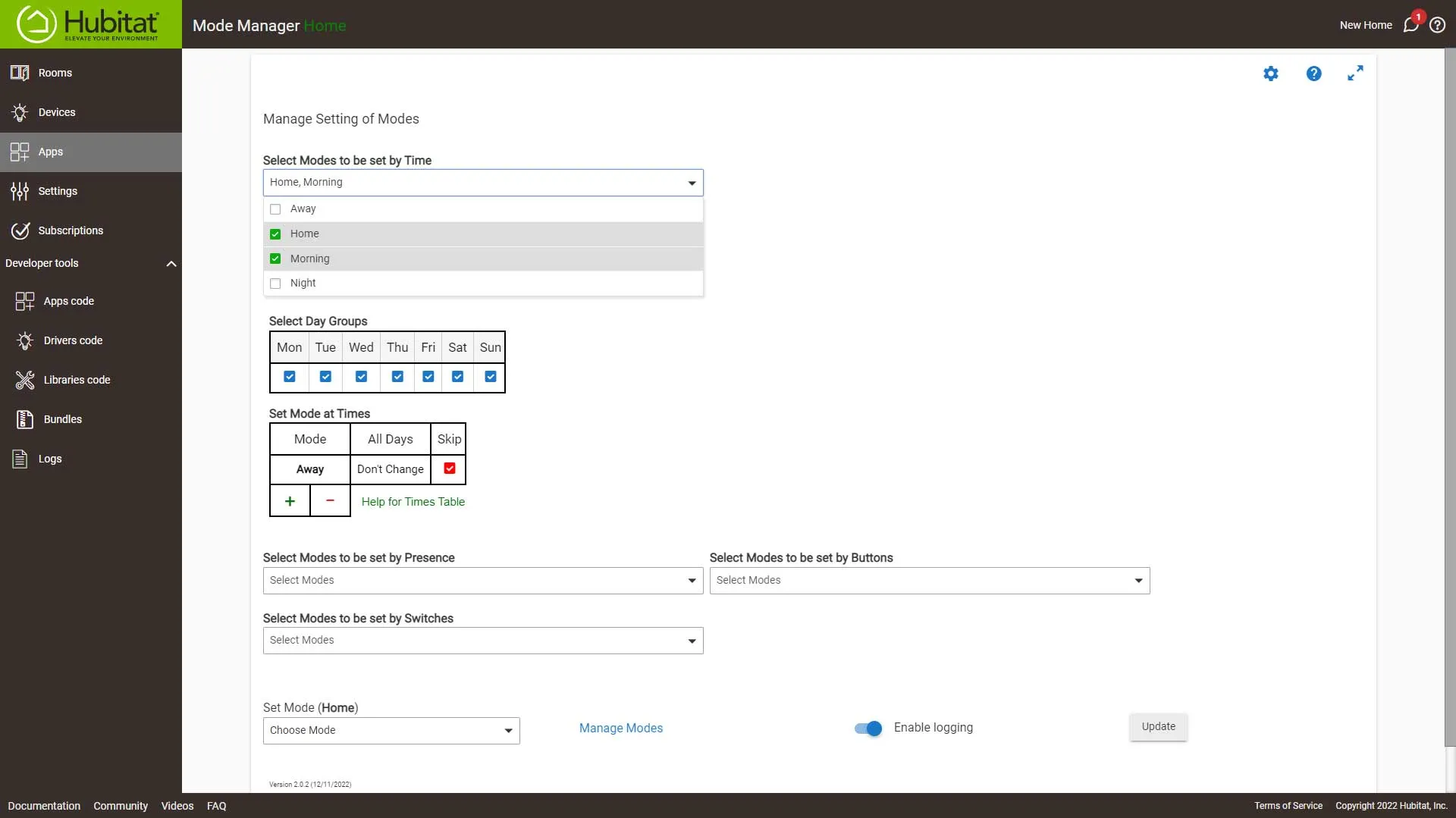 Hub Modes Select Modes by Time Hubitat