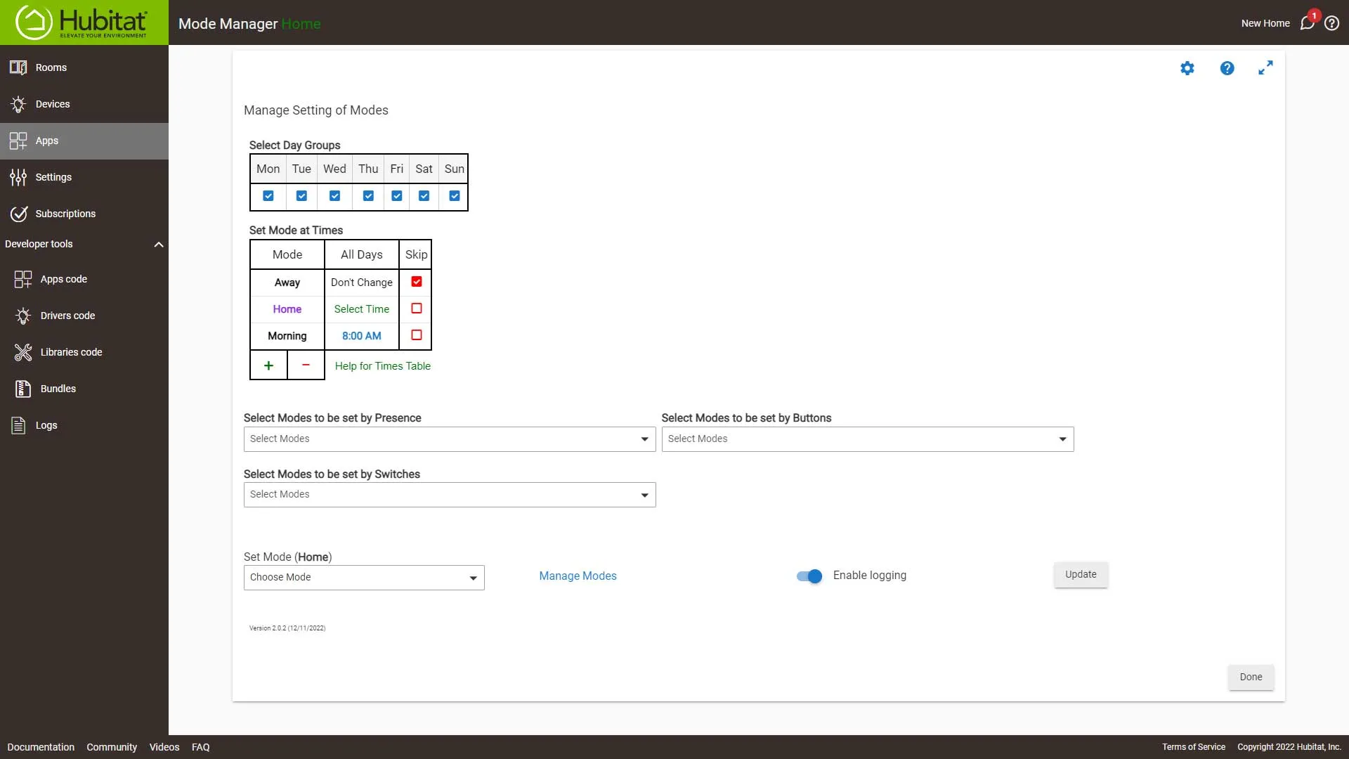 Hub Modes Set Mode Times Hubitat