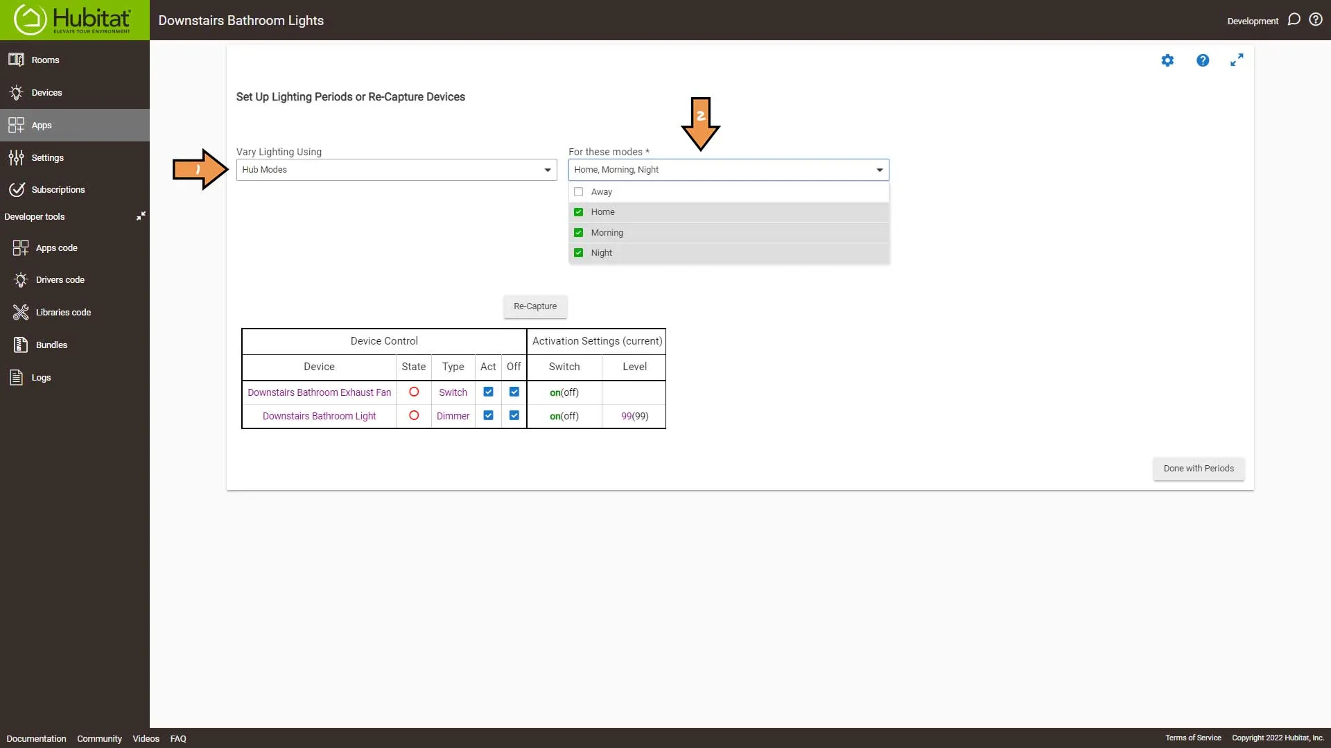 Bathroom Lighting Hubitat Lighting Periods Screen