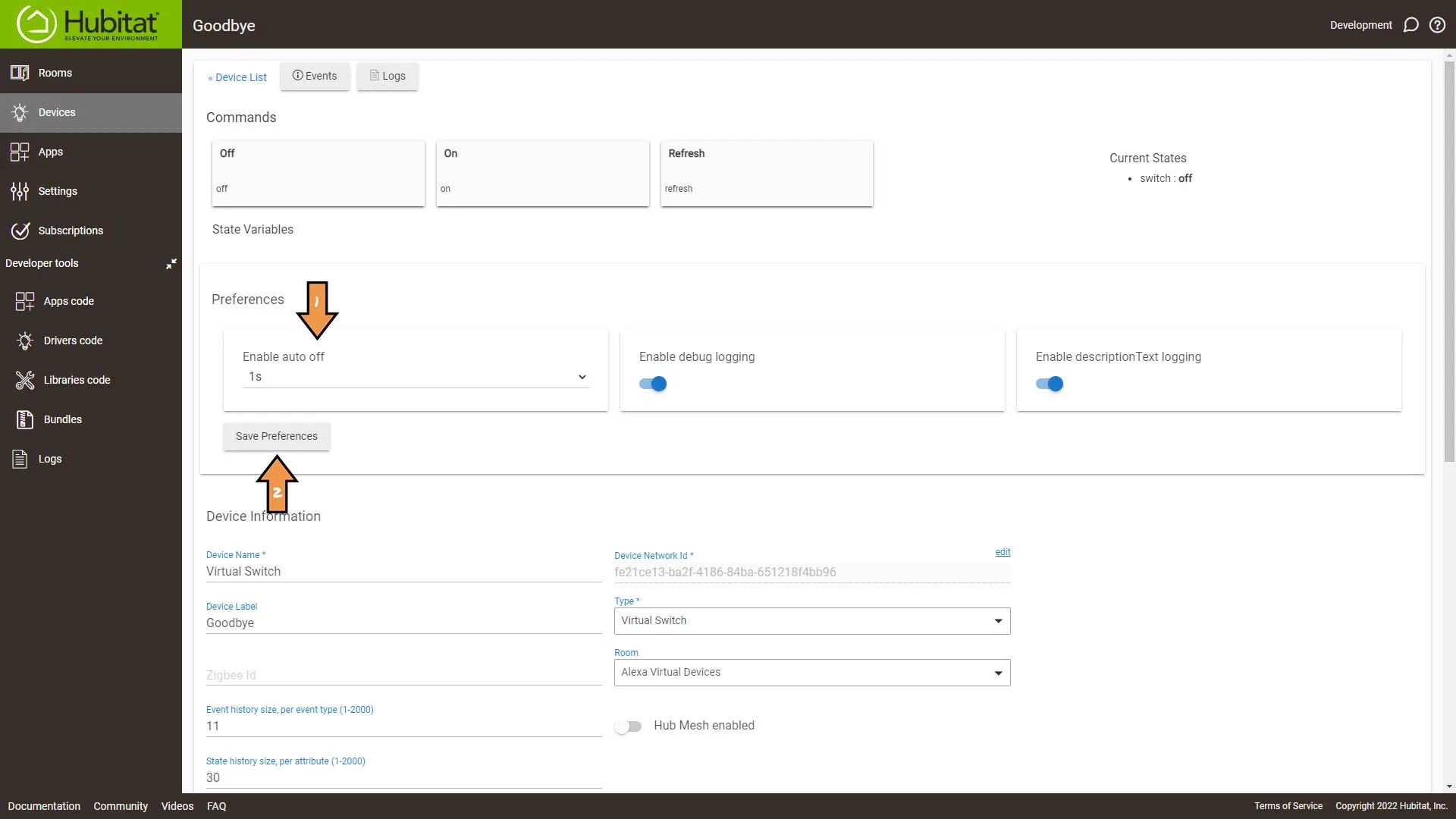 Hubitat Device Settings Screen