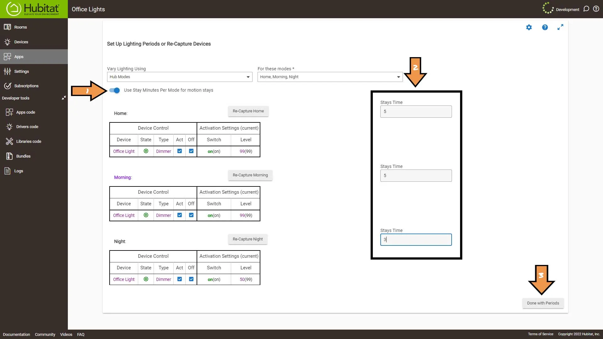 Hubitat Room Lighting Stay Minutes per Mode