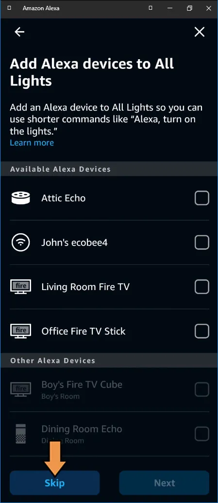 Alexa Create Group Wizard Select Alexa Device Screen