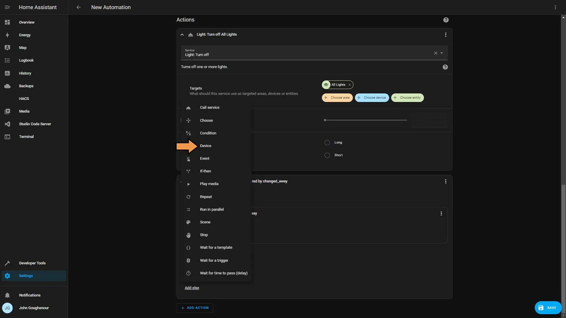 Home Assistant Actions Add Action Device