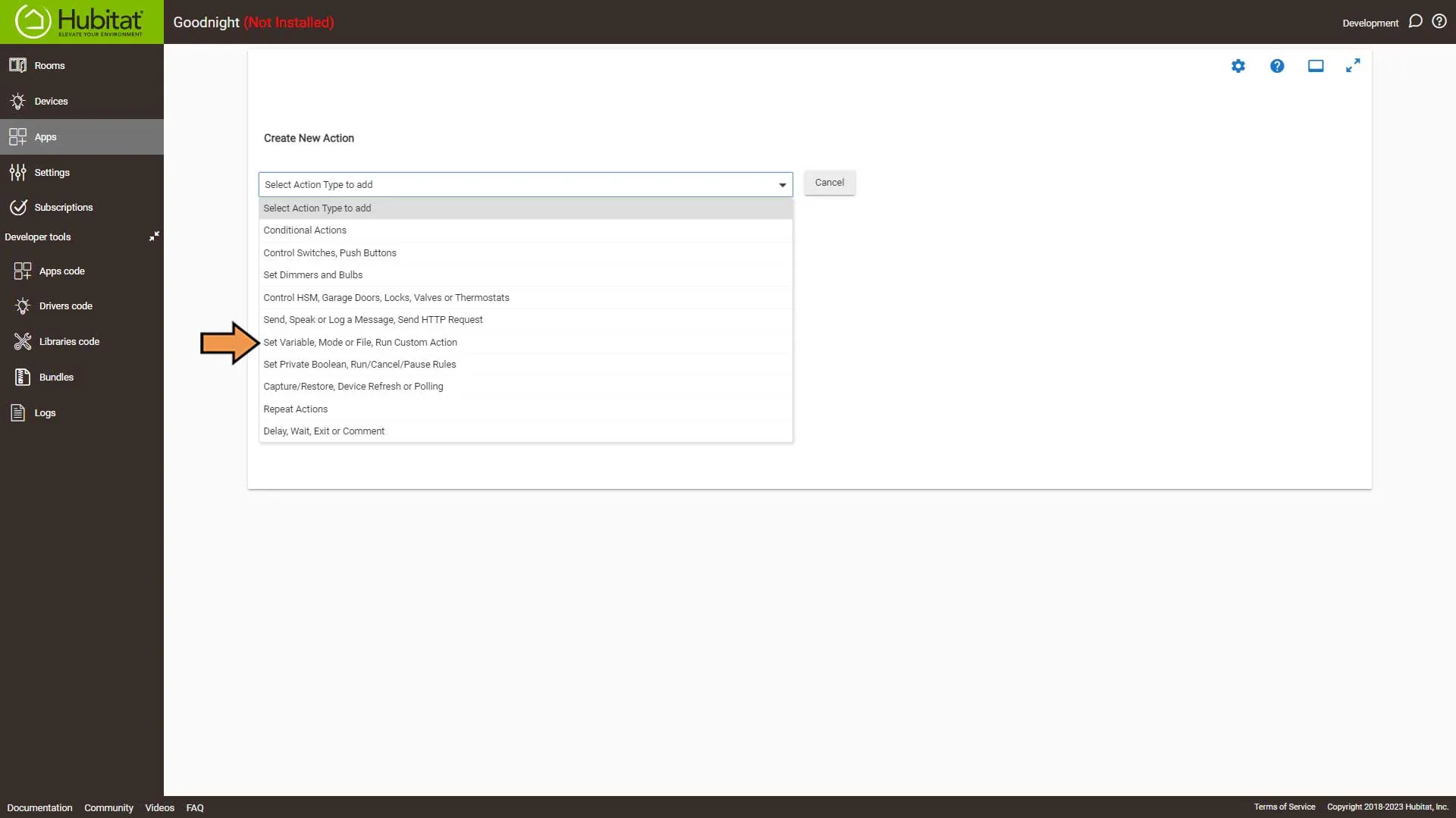 Hubitat Rule Machine Actions Select Action Type