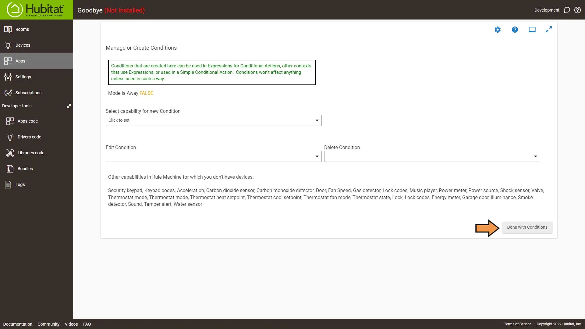 Hubitat Rule Machine Actions Conditions Finished