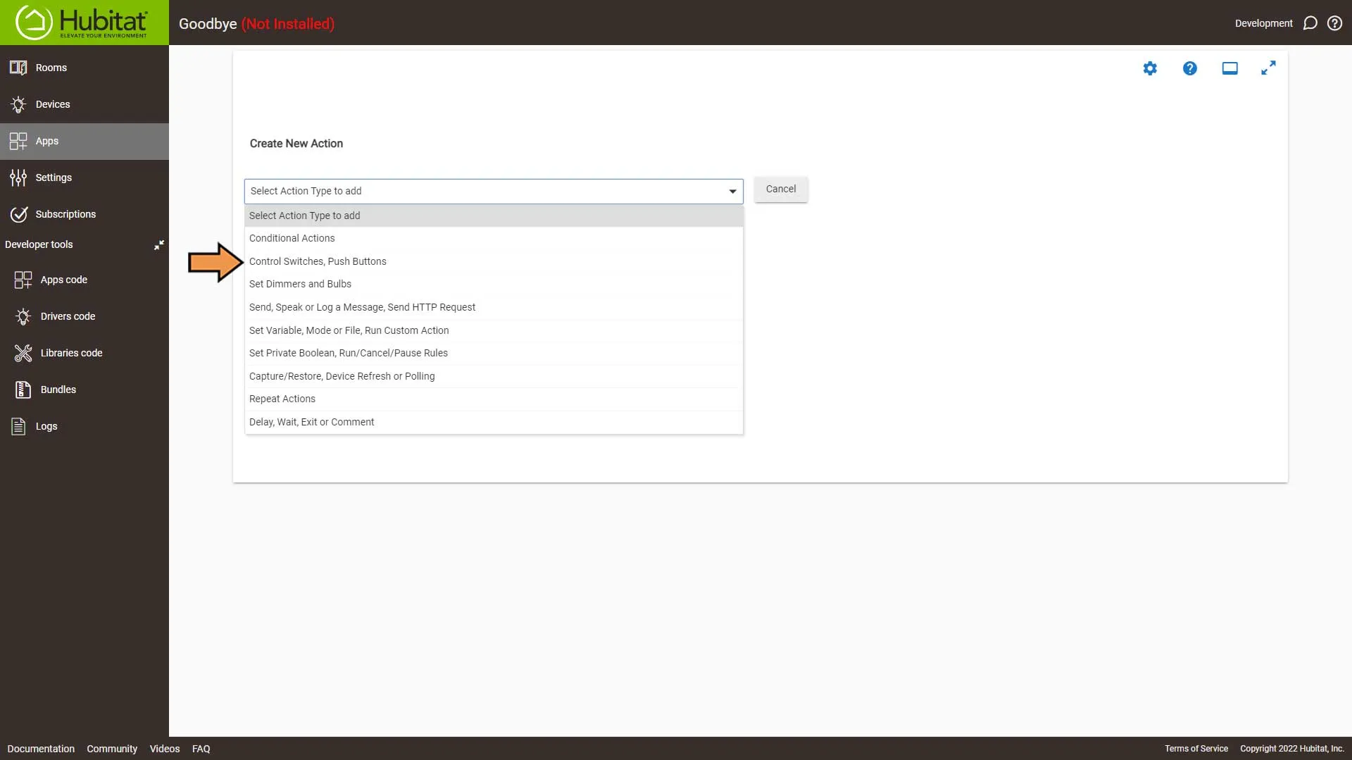 Hubitat Rule Machine Actions Select Action Type