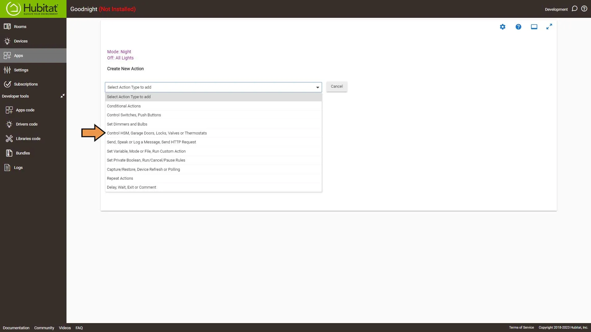 Hubitat Rule Machine Actions Select Action Type