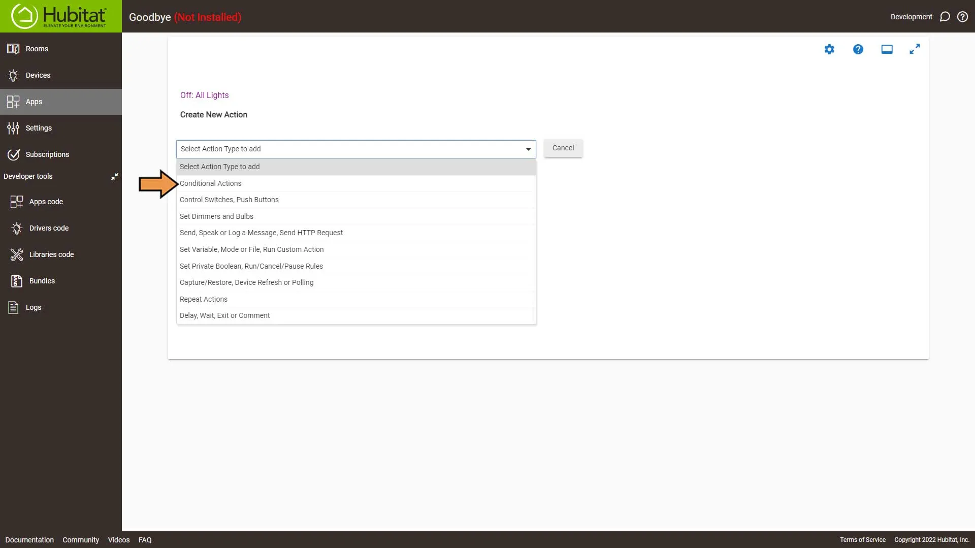 Hubitat Rule Machine Actions Select Action Type