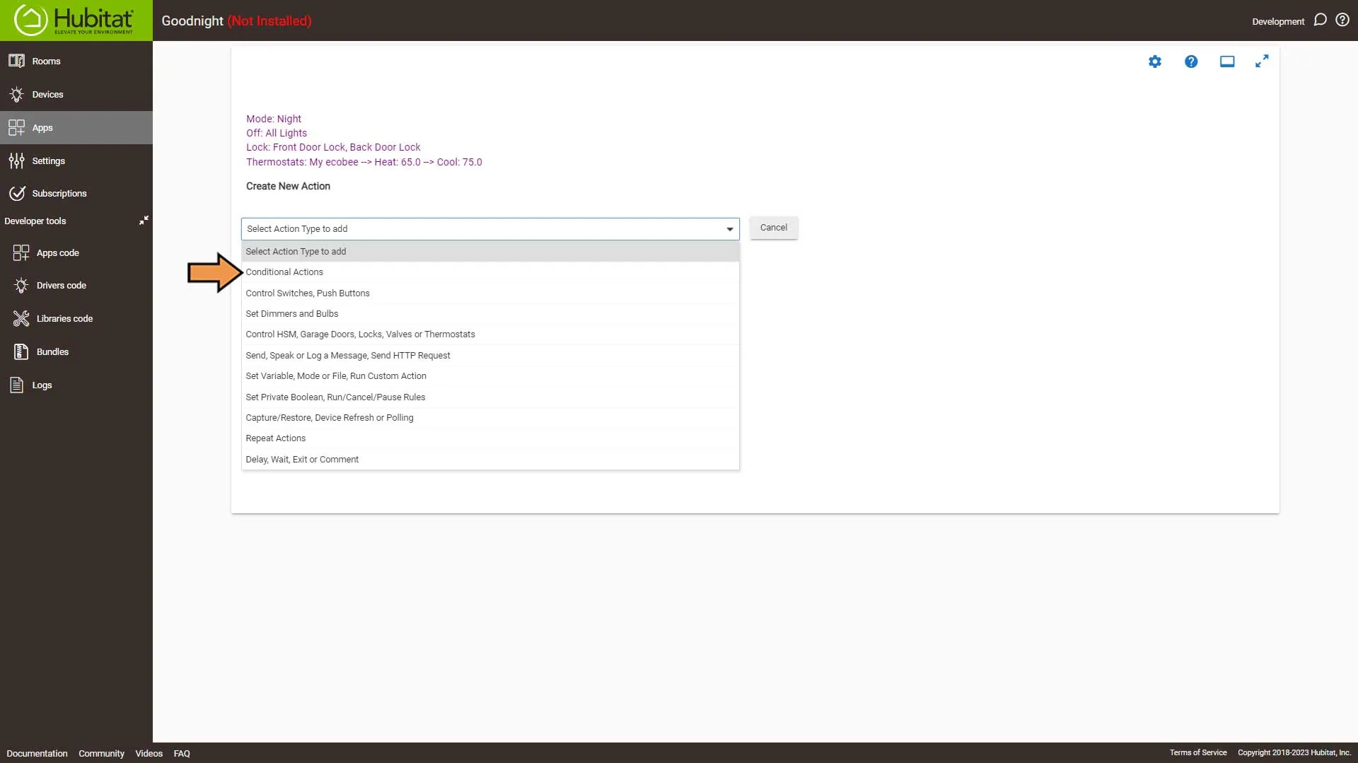 Hubitat Rule Machine Actions Select Action Type