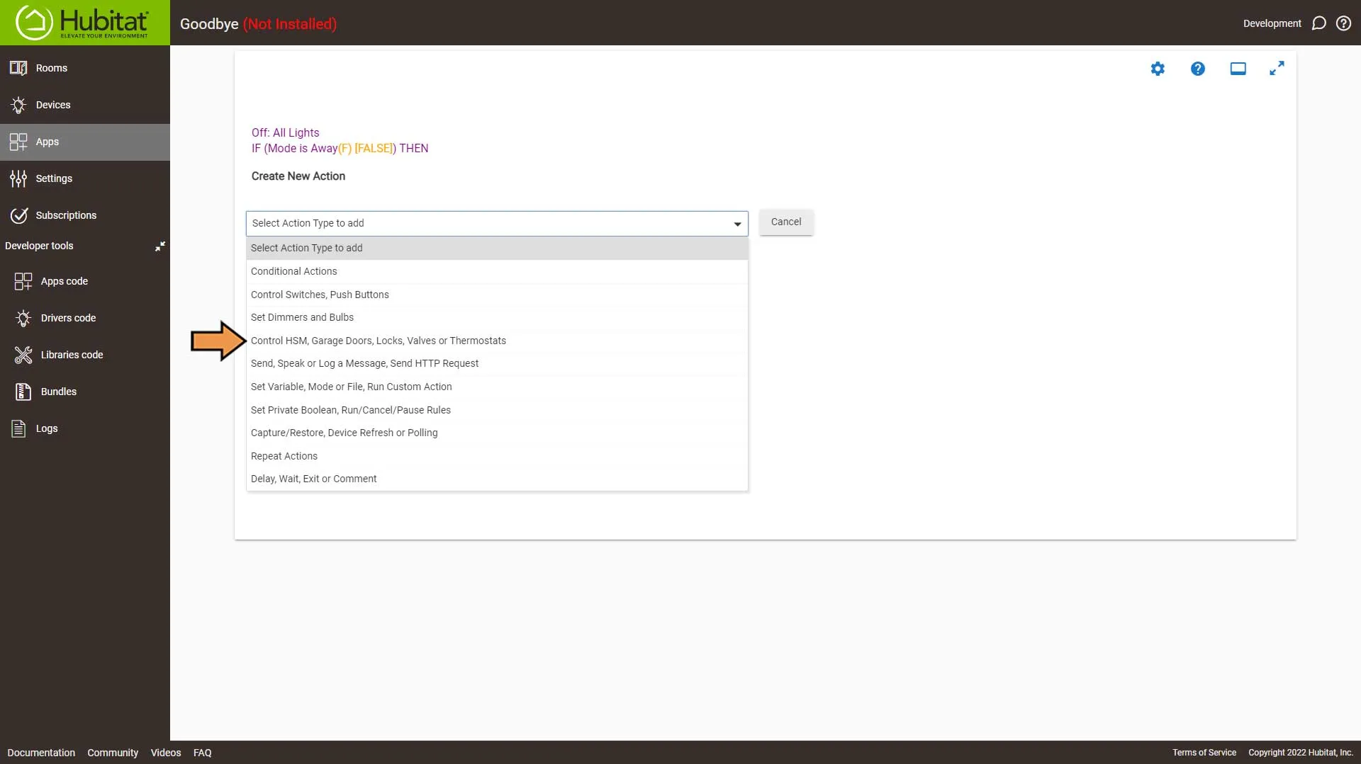 Hubitat Rule Machine Actions Select Action Type