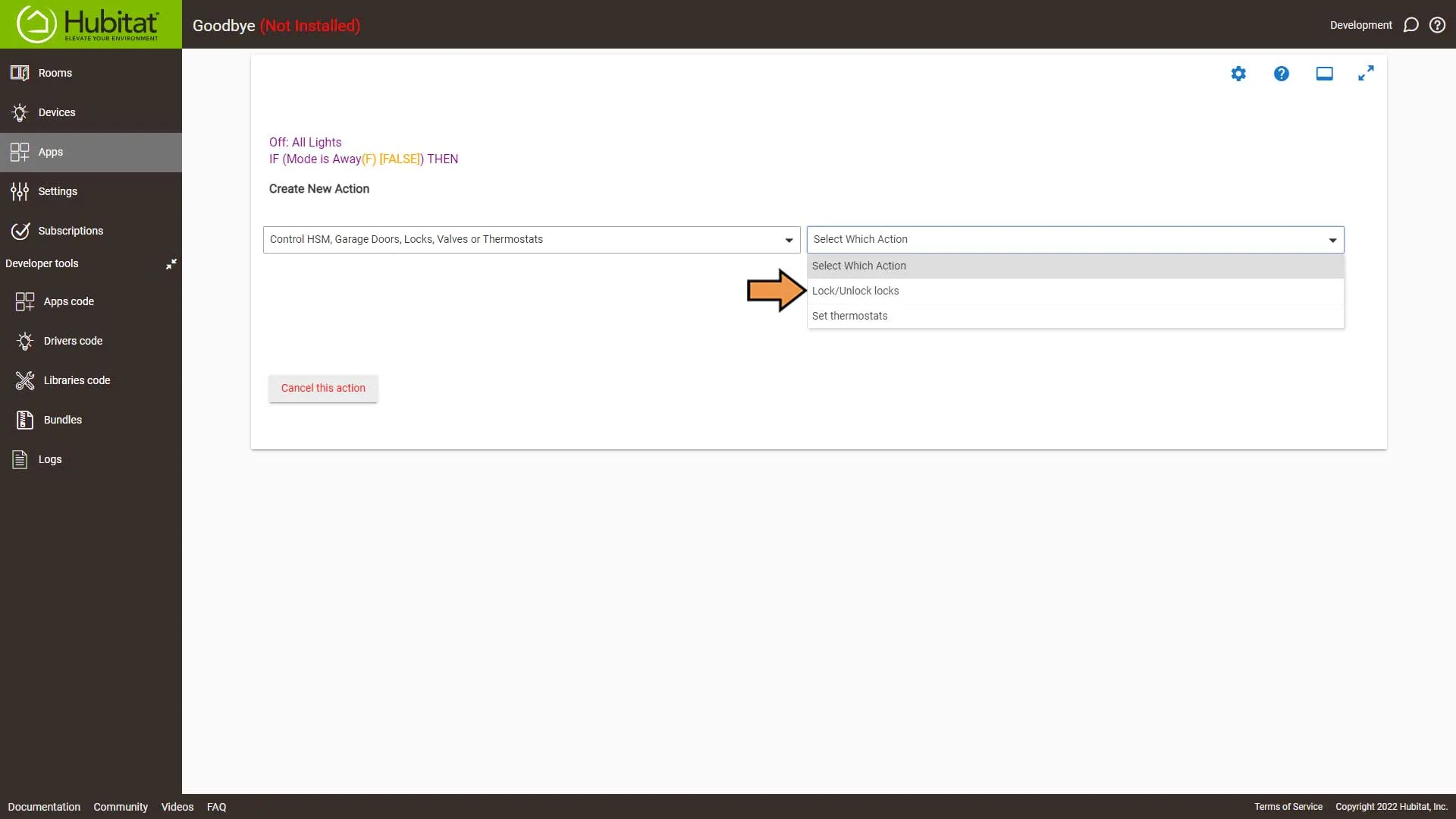 Hubitat Rule Machine Actions Select Action