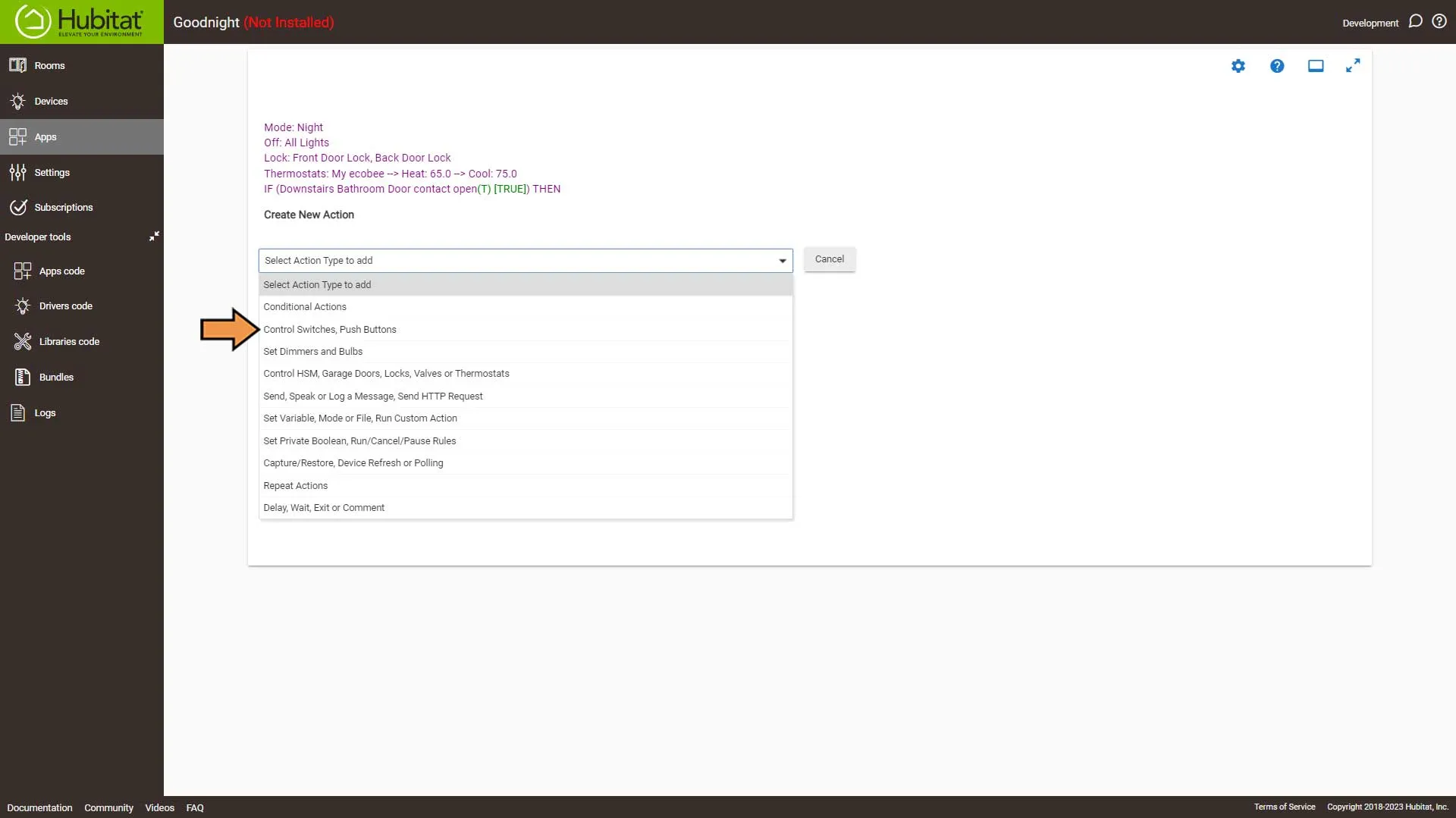 Hubitat Rule Machine Actions Select Action Type