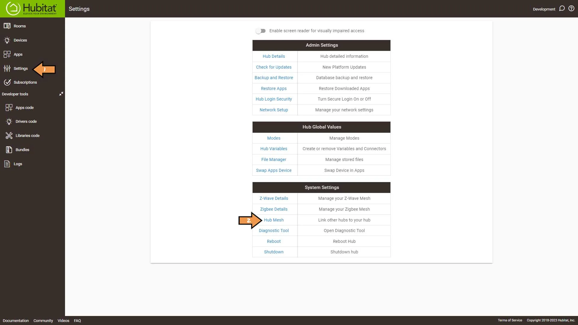 Hubitat Settings Screen