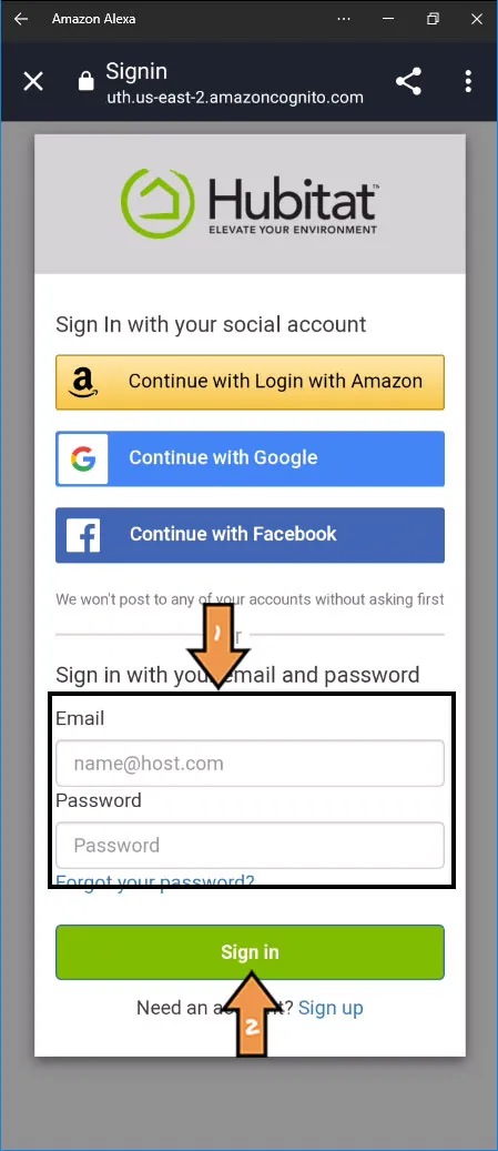 Alexa Hubitat Sign-in Screen
