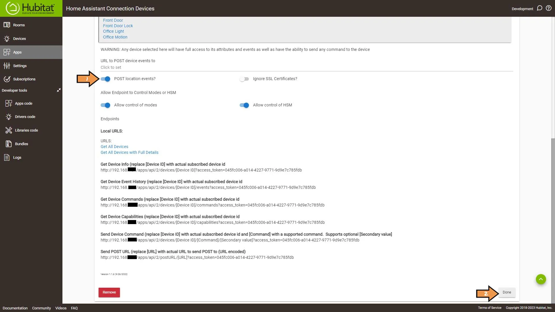 Hubitat Maker API Settings