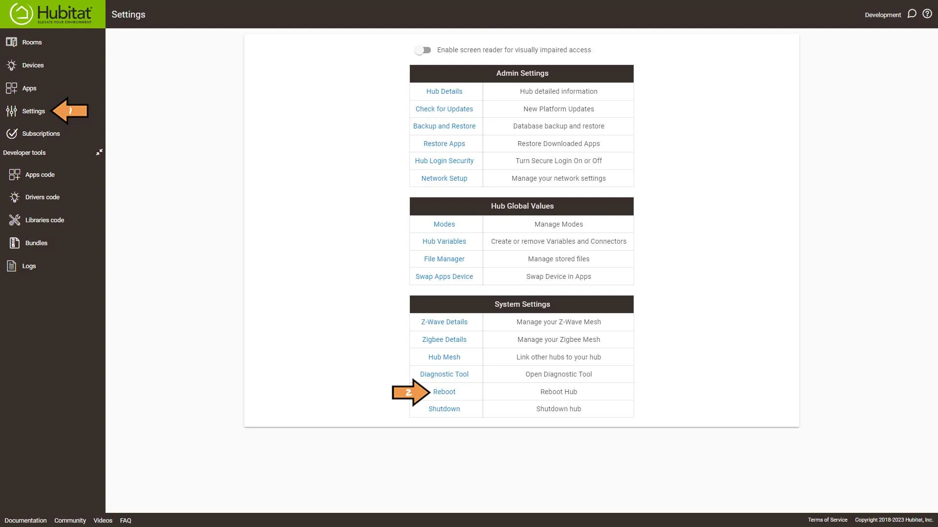 Hubitat Settings Screen