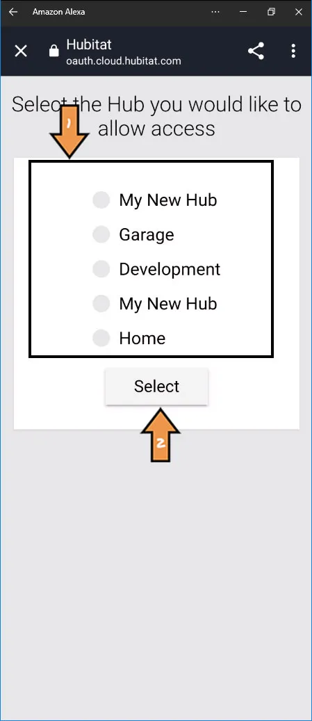 Alexa Hubitat Hub Select Screen