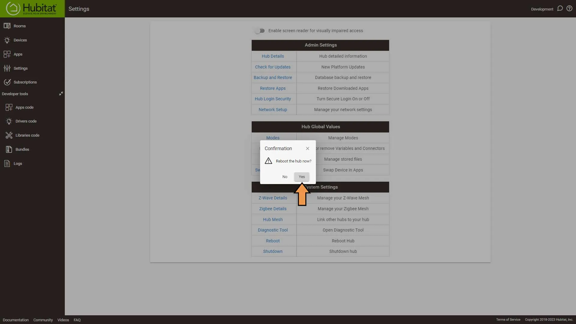 Hubitat Settings Reboot Confirm