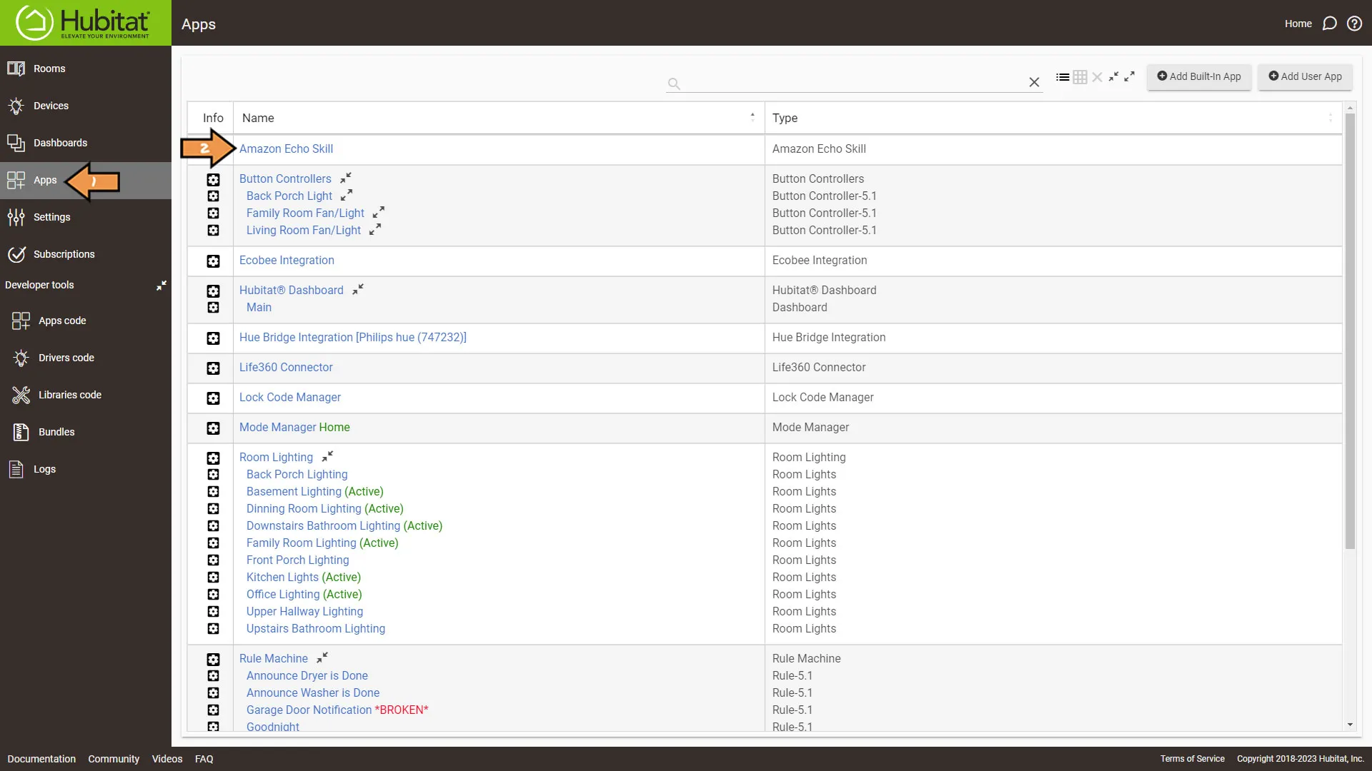 Hubitat Apps Screen