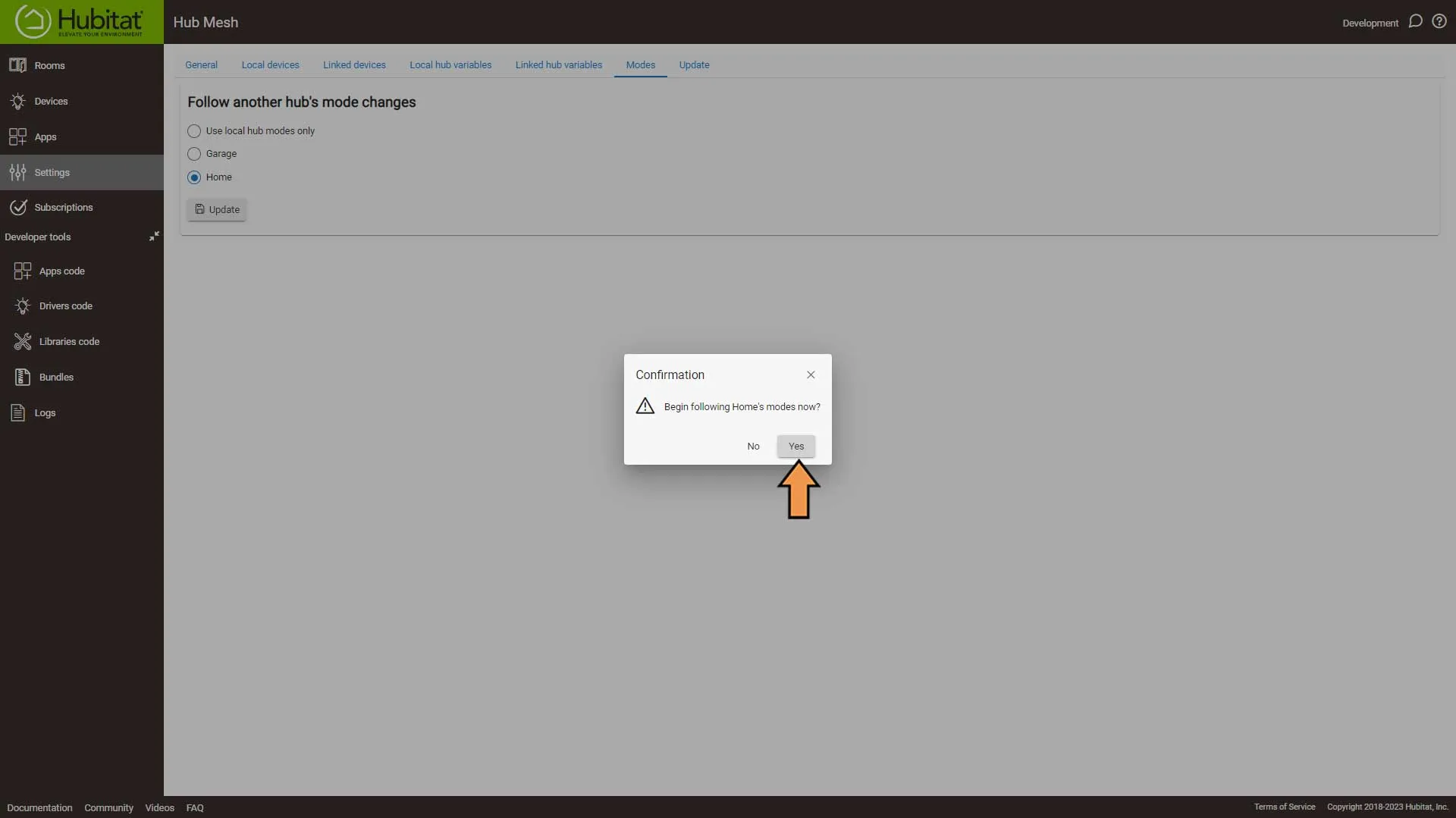 Hubitat Hub Mesh Modes Confirm Follow
