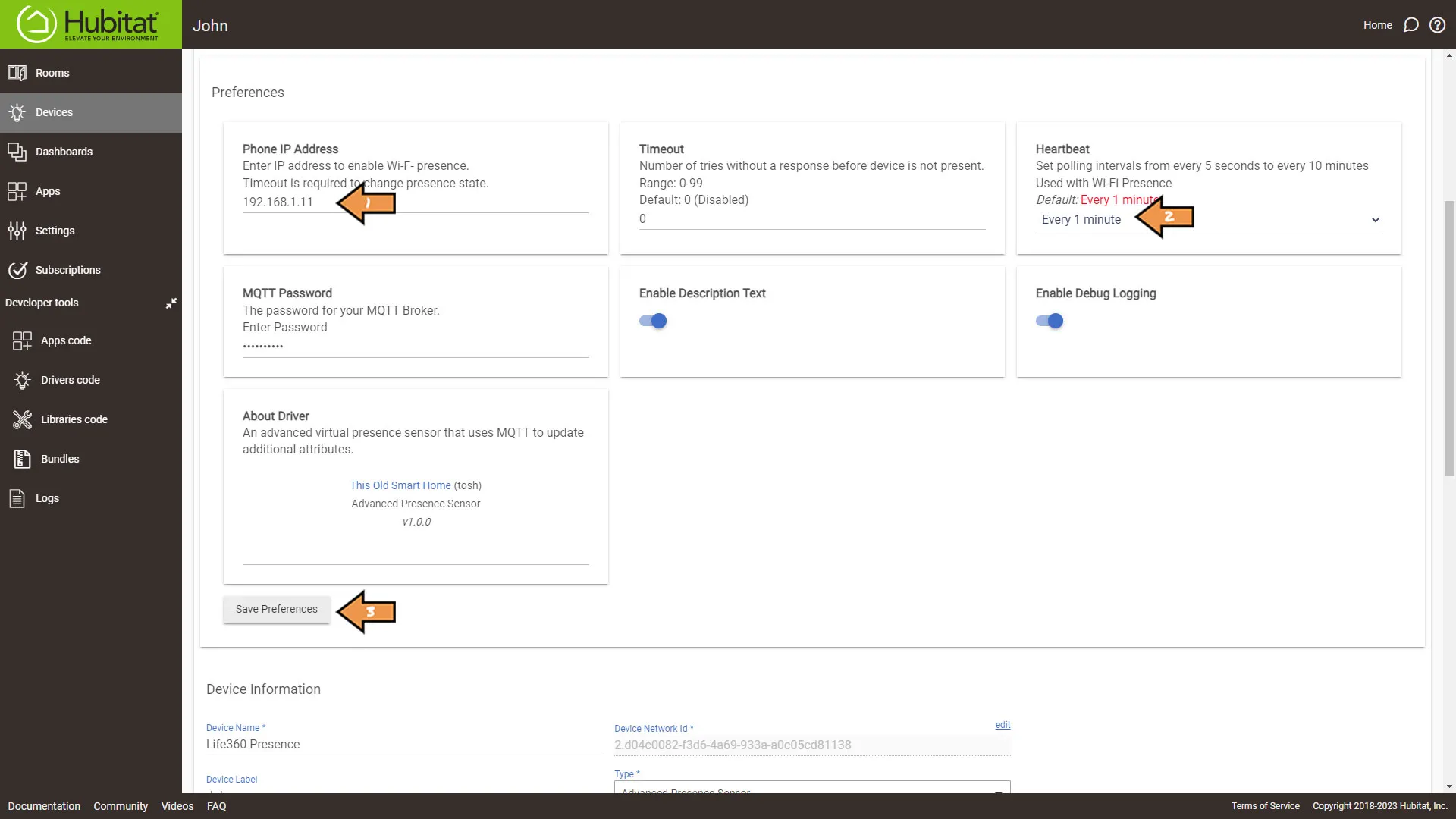 Hubitat Life360 Device Preferences.