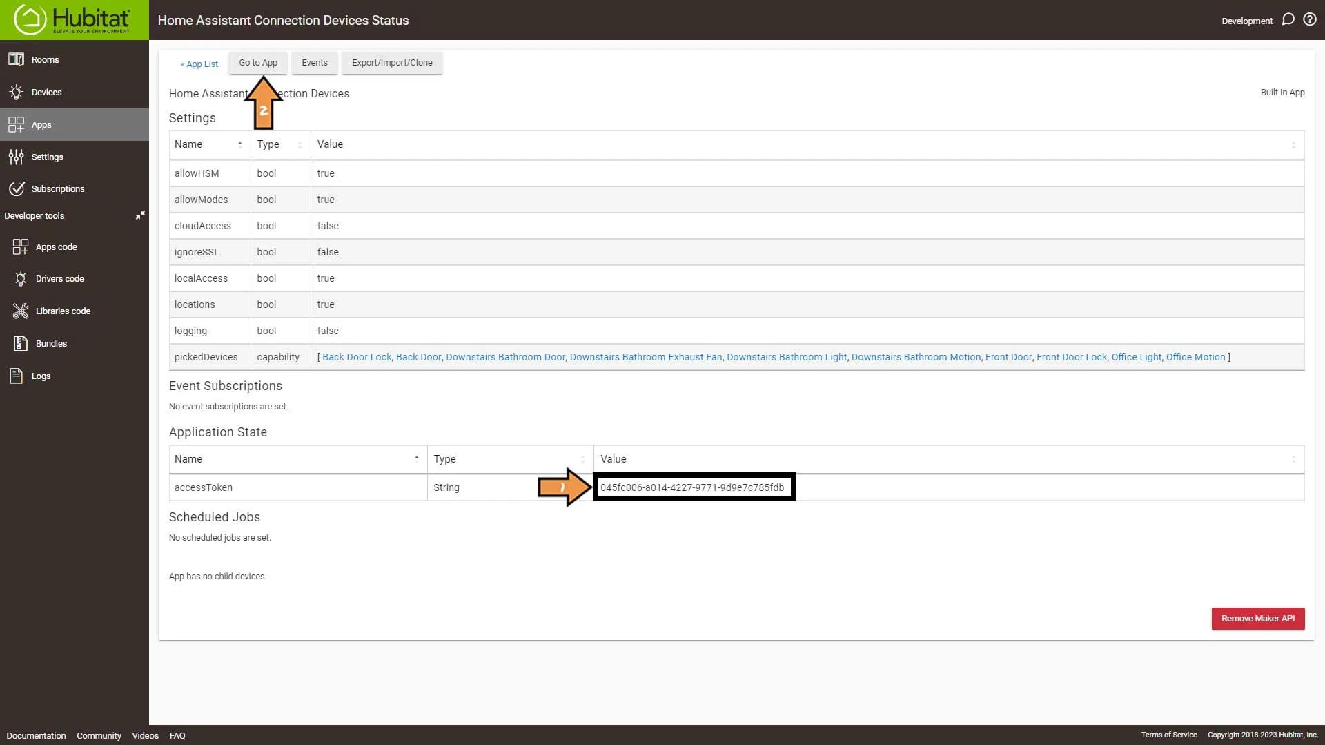 Hubitat Maker API Settings