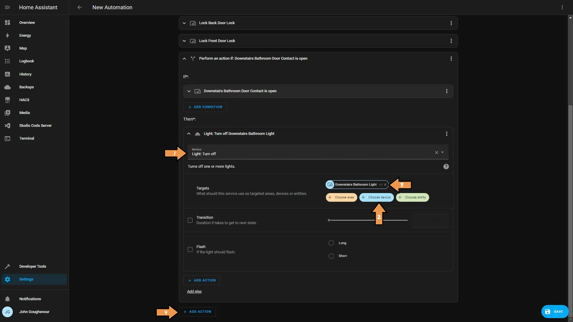 Home Assistant Actions Turn Off Bathroom Lights