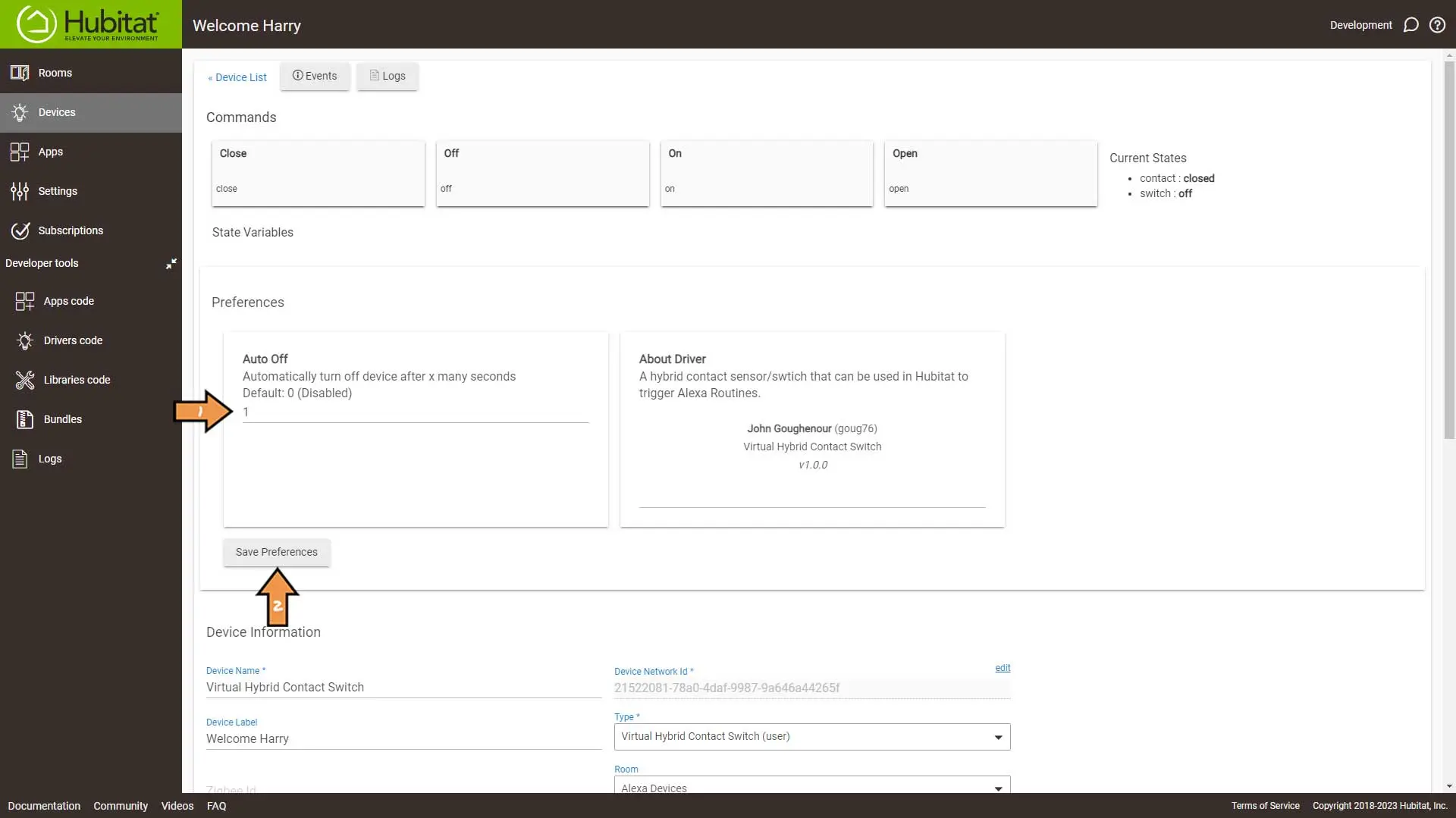 Hubitat Welcome Home Virtual Device Preferences