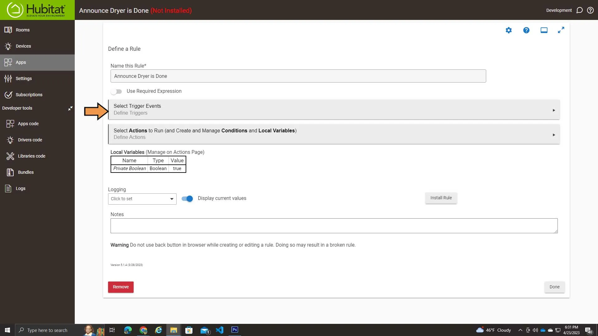 Hubitat Dryer Done Automation Screen