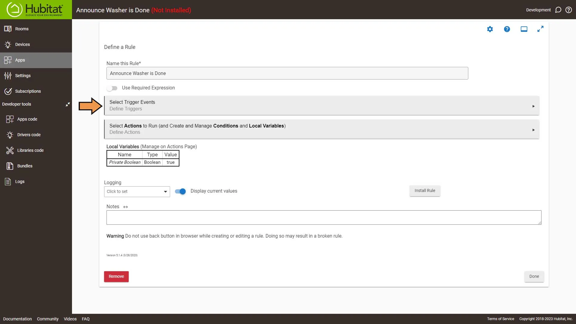 Hubitat Washer Done Automation Screen