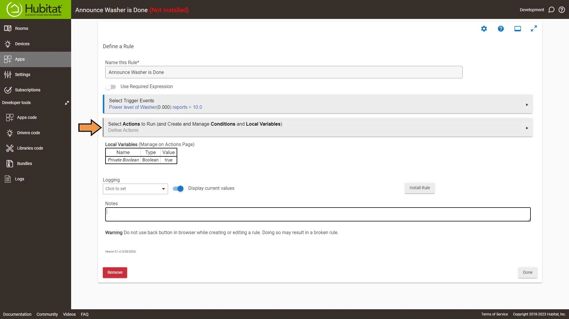 Hubitat Washer Done Automation Screen