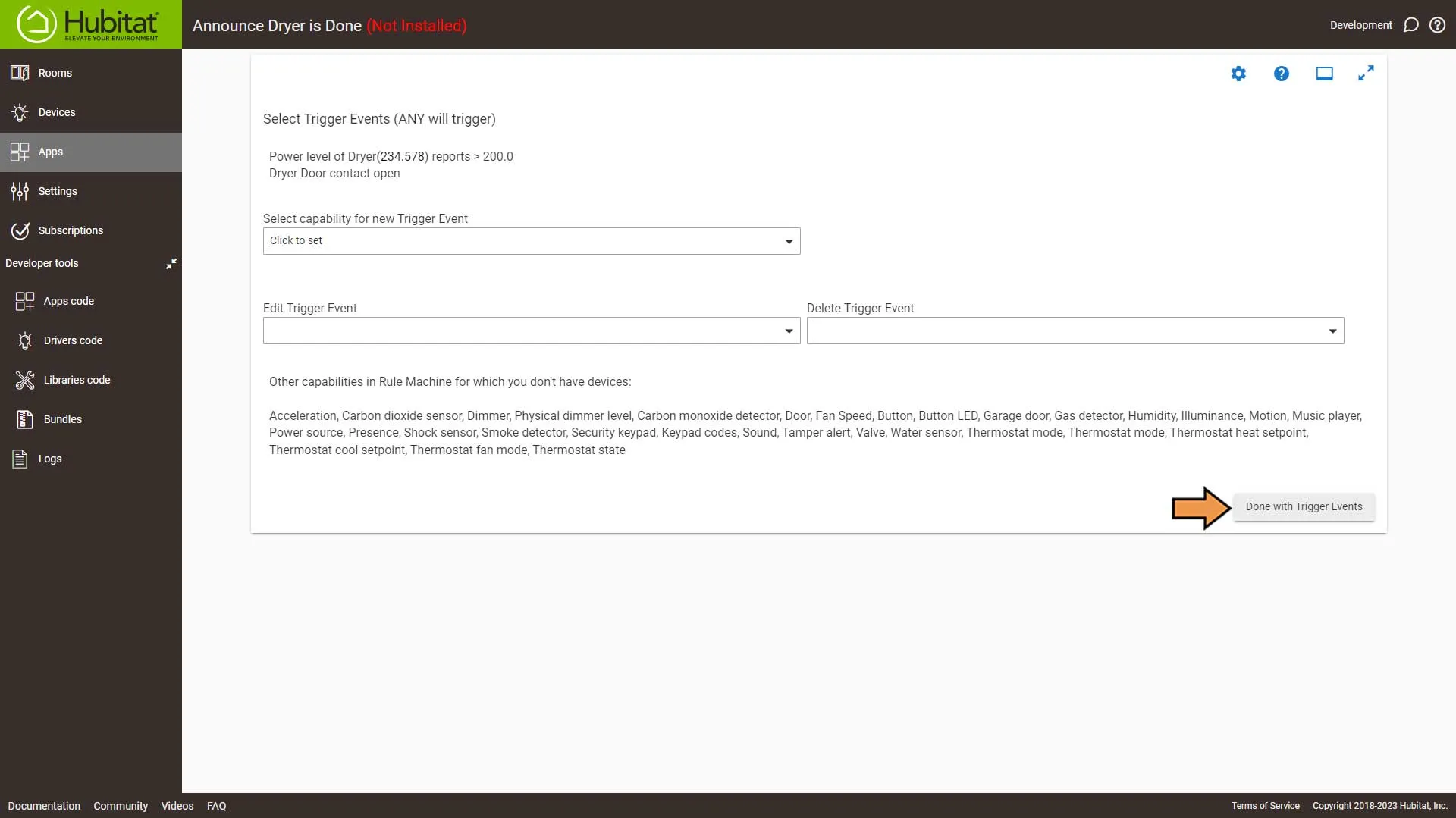Hubitat Dryer Done Trigger Screen