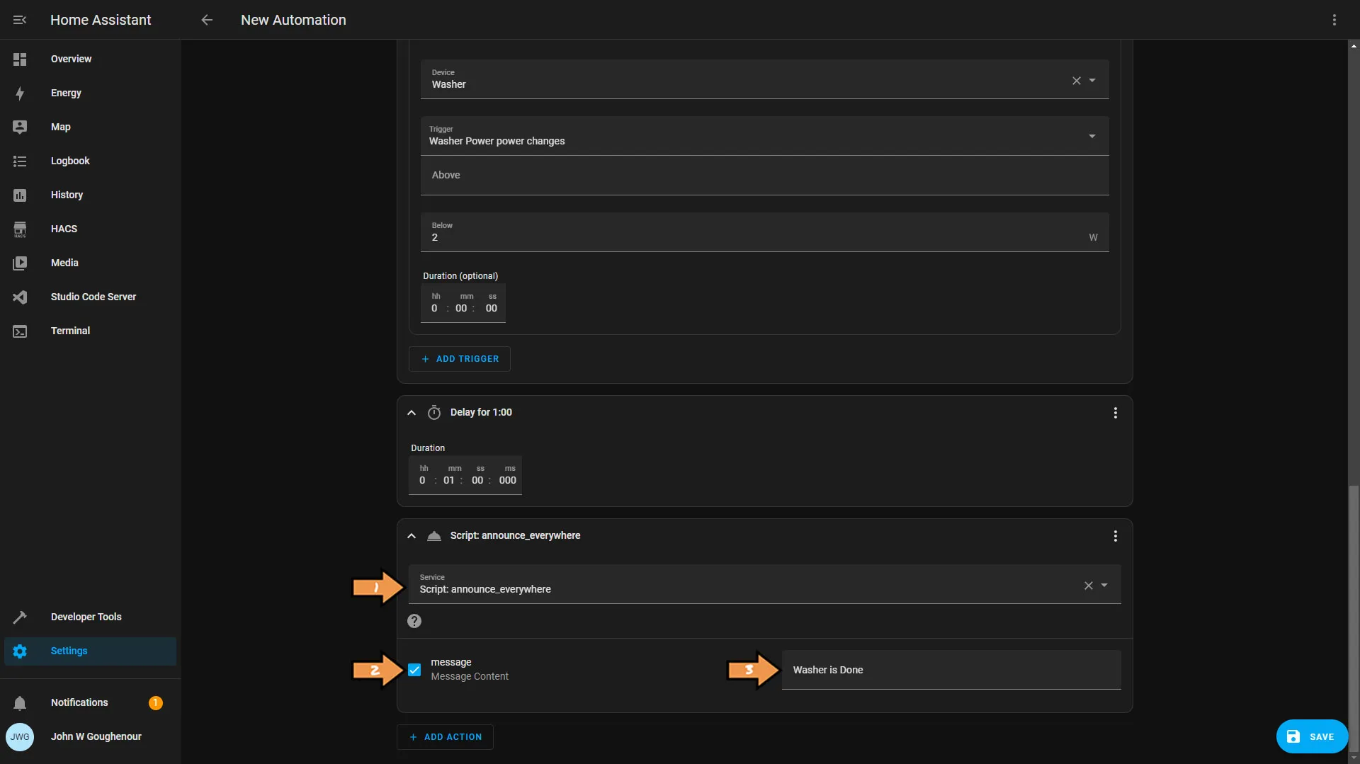 Home Assistant Washer Done script