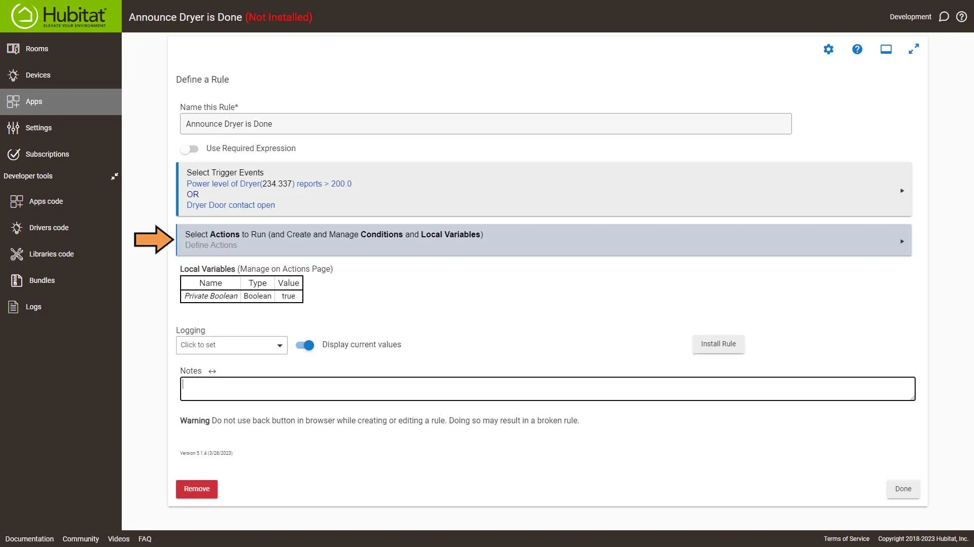 Hubitat Dryer Done Automation Screen