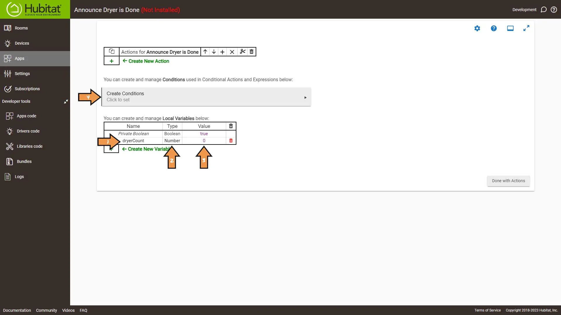 Hubitat Dryer Done Actions Screen