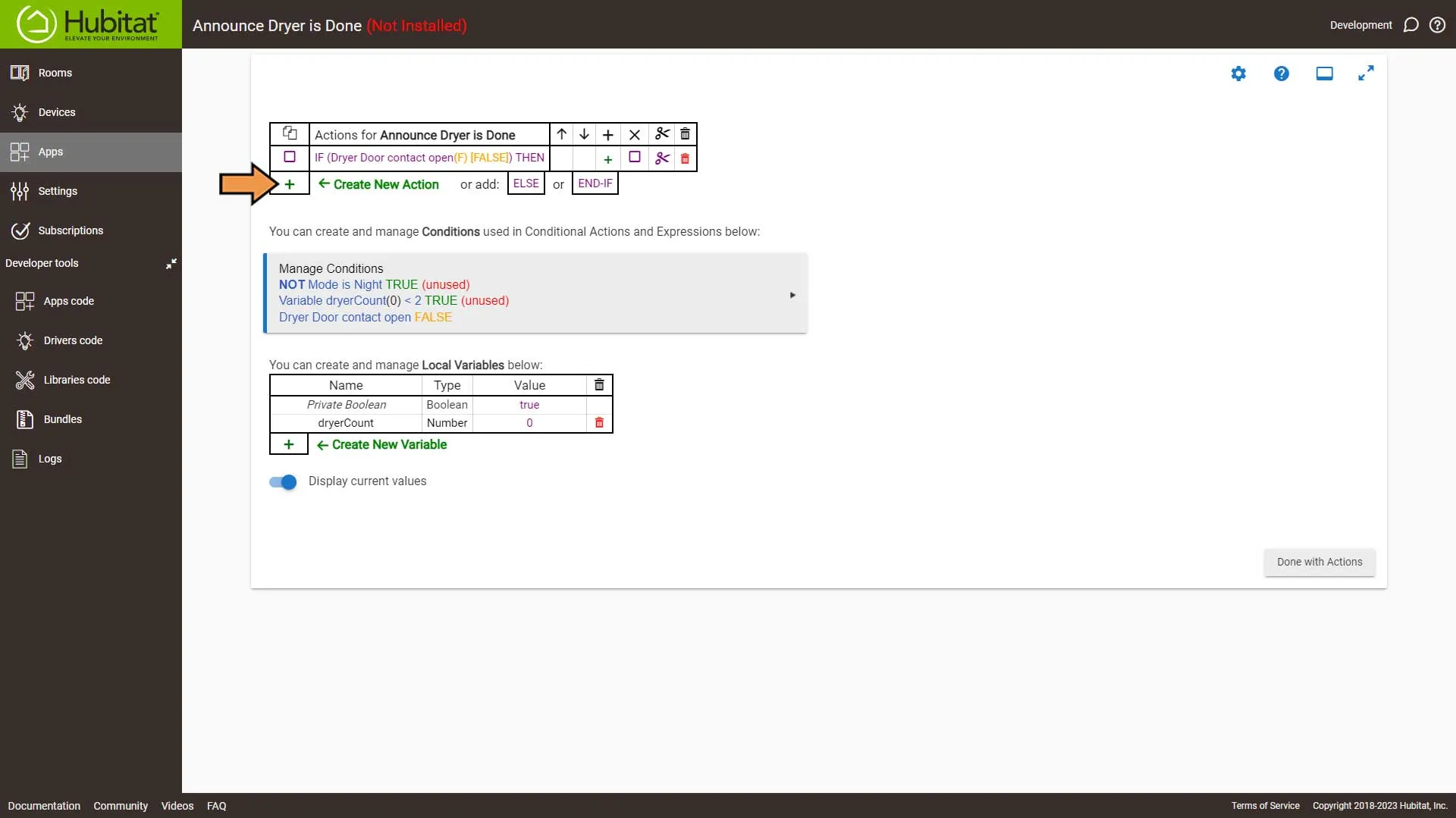 Hubitat Dryer Done Actions Screen