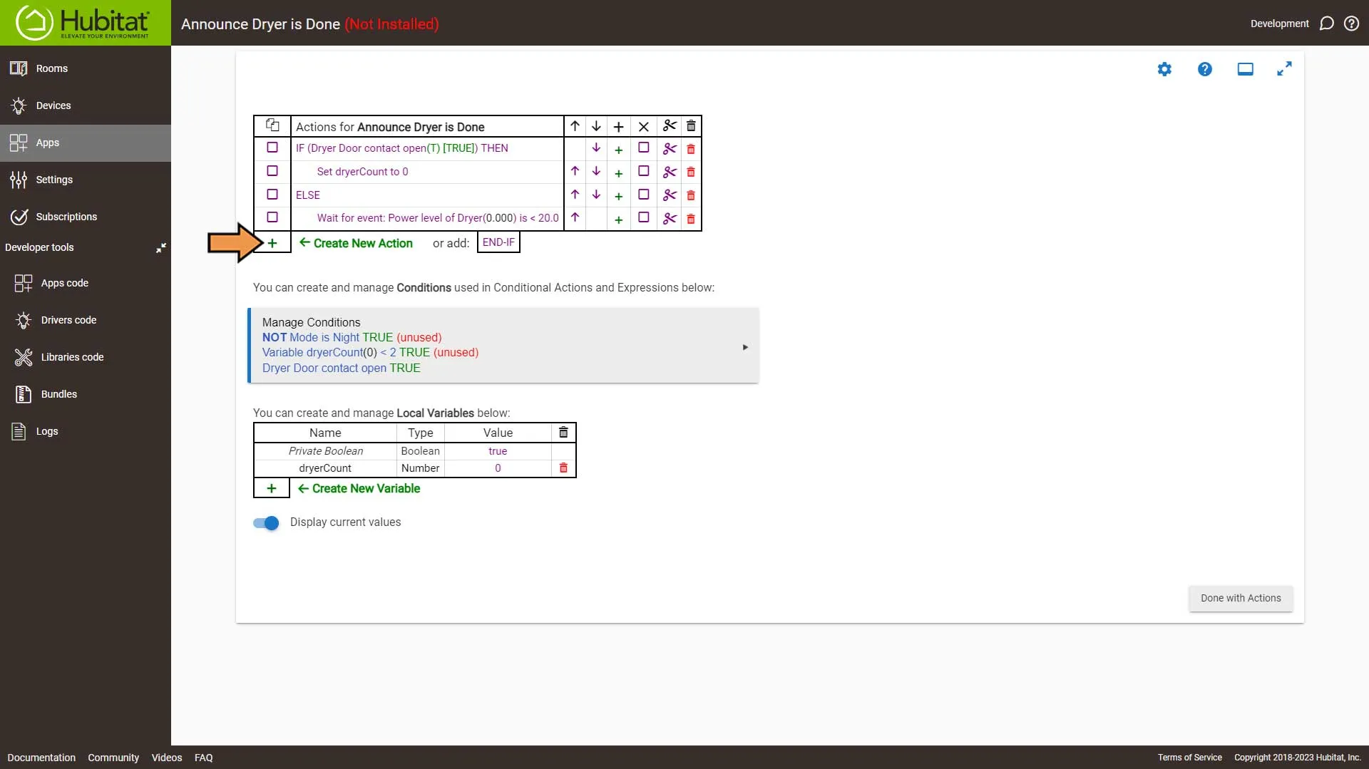 Hubitat Dryer Done Actions Screen