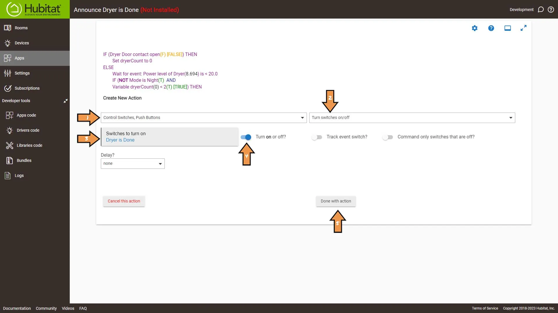 Hubitat Dryer Done New Actions Screen
