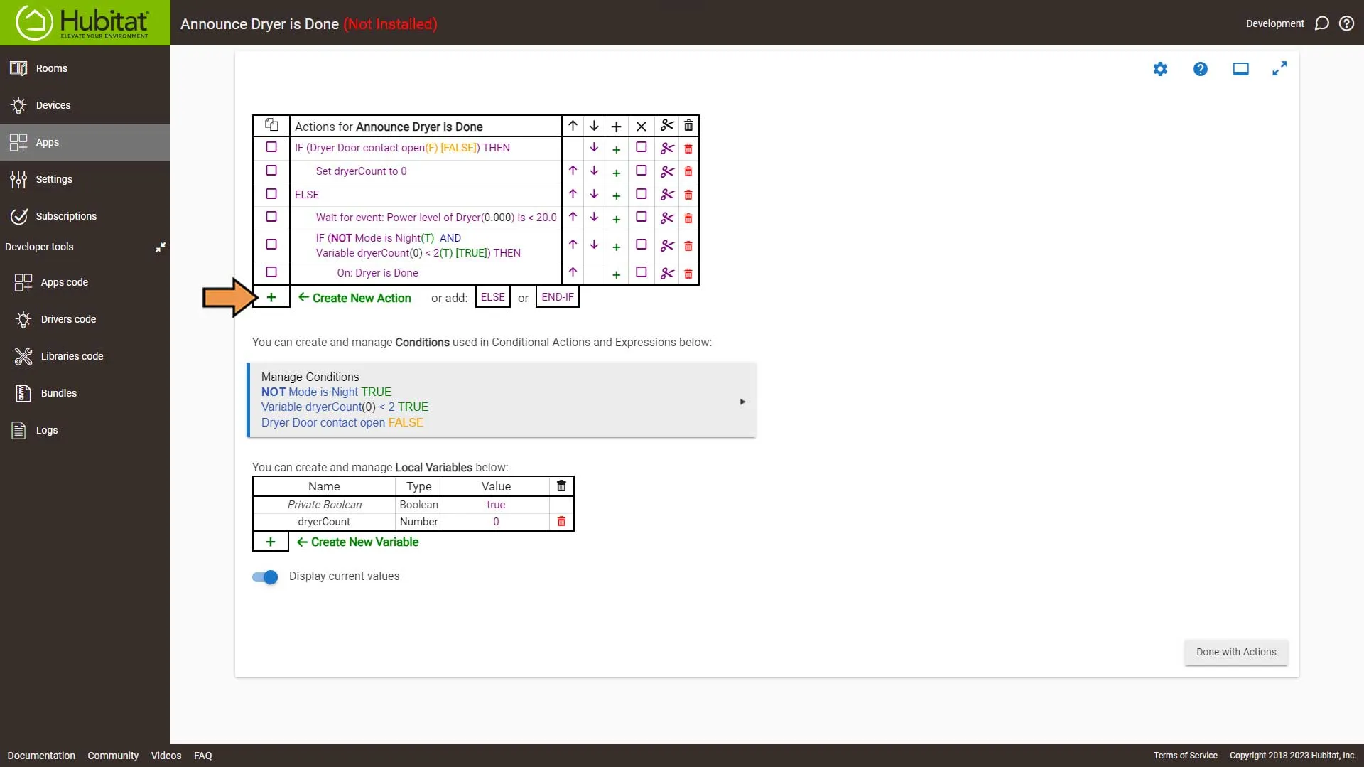 Hubitat Dryer Done Actions Screen
