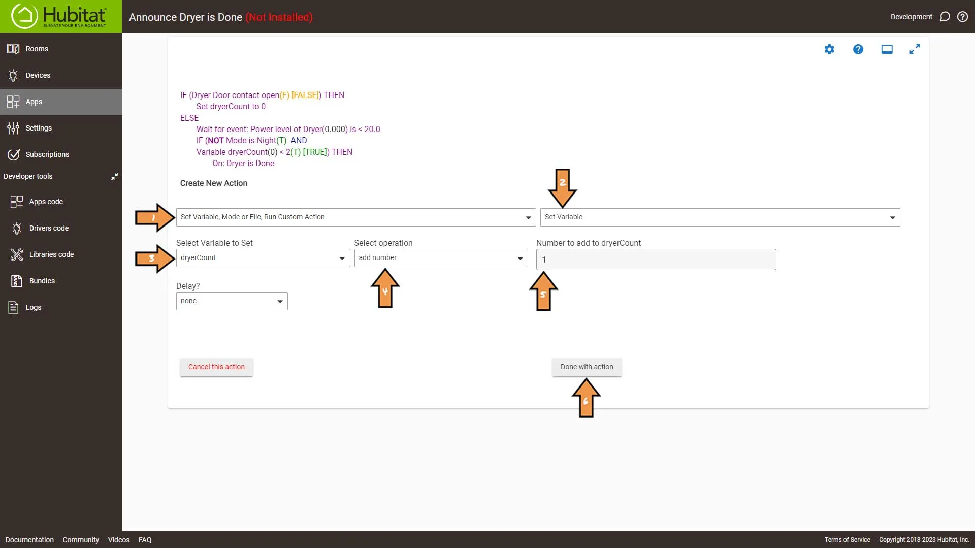 Hubitat Dryer Done New Actions Screen