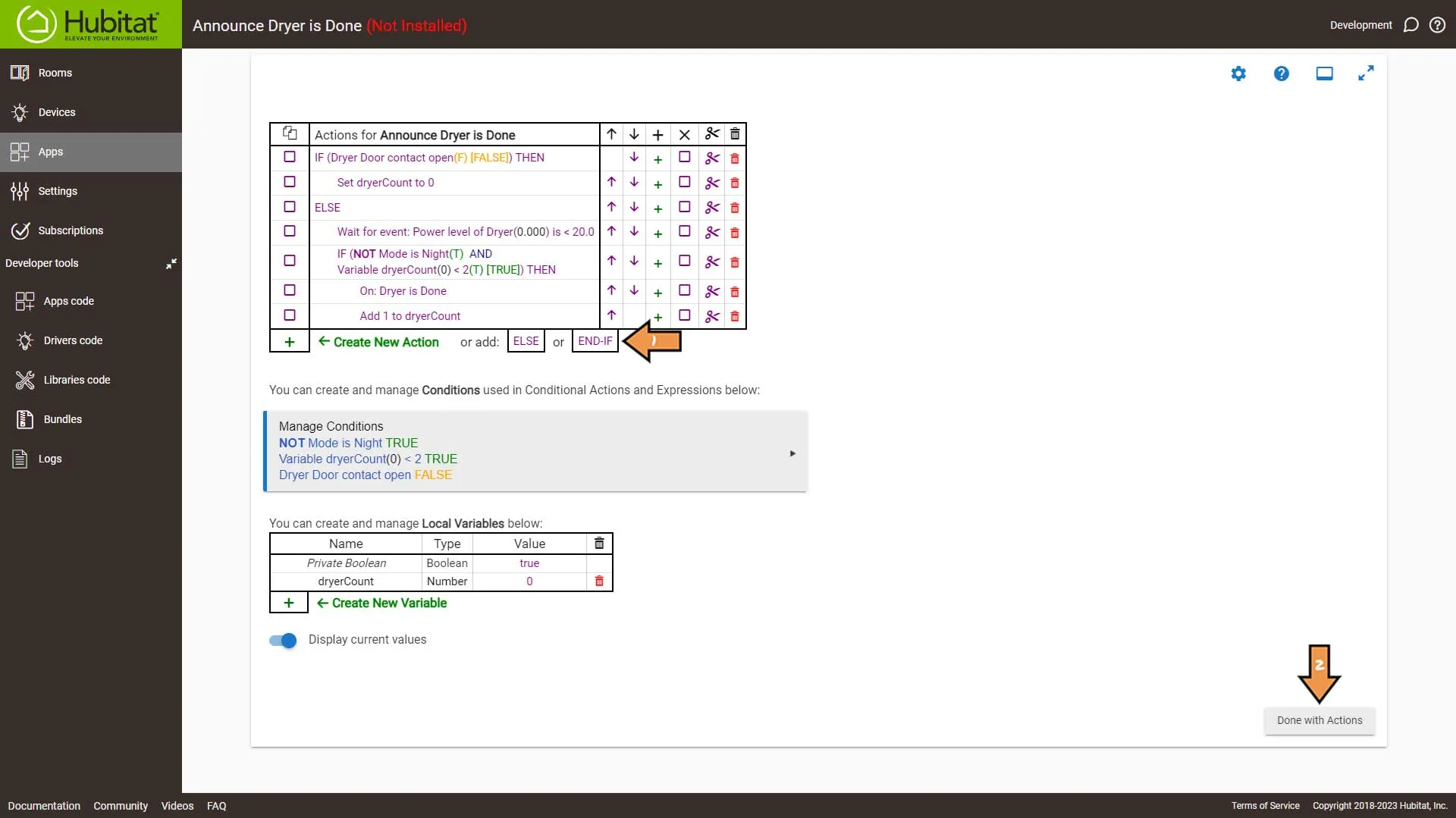 Hubitat Dryer Done Actions Screen