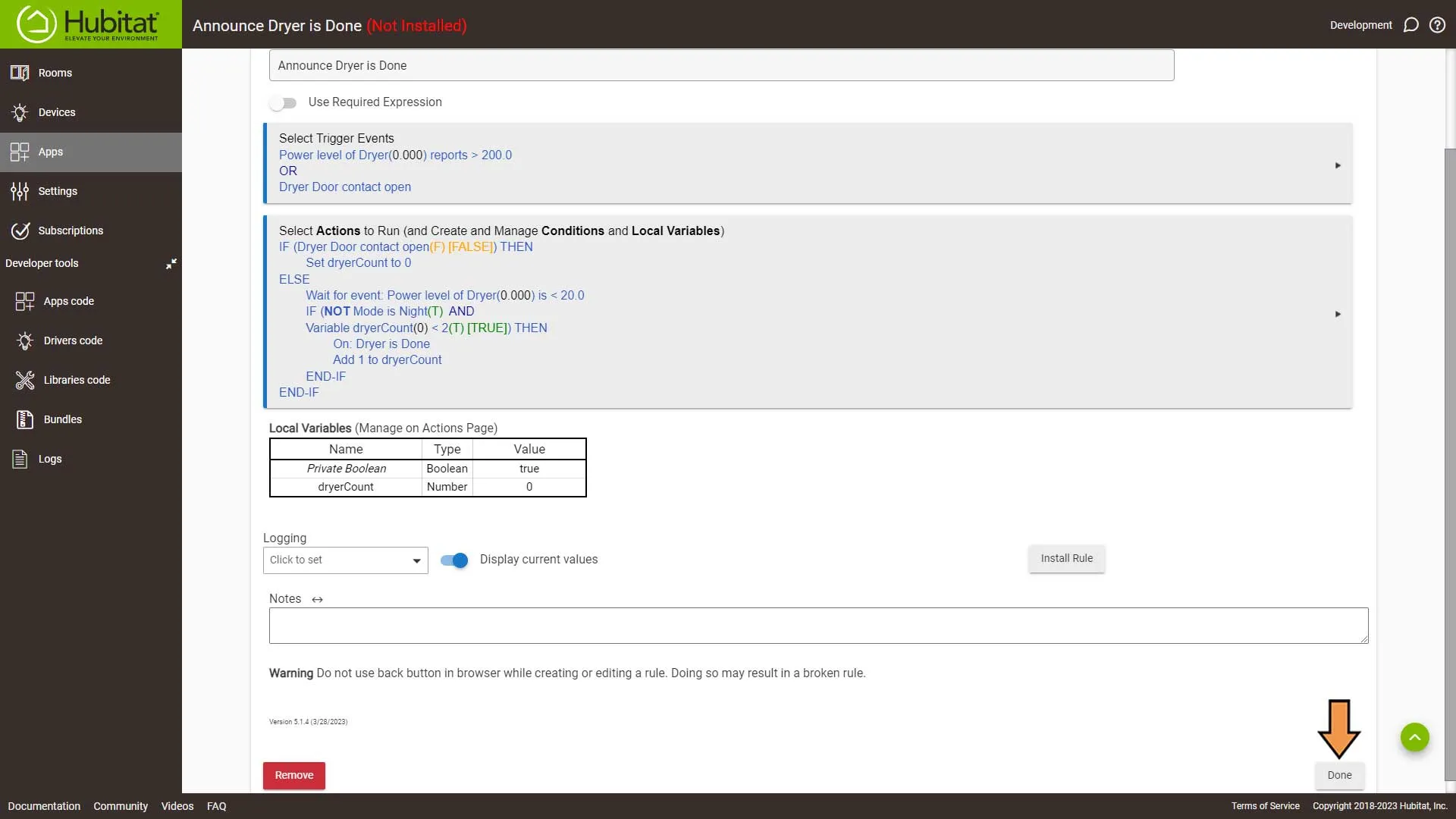 Hubitat Dryer Done Automation Screen